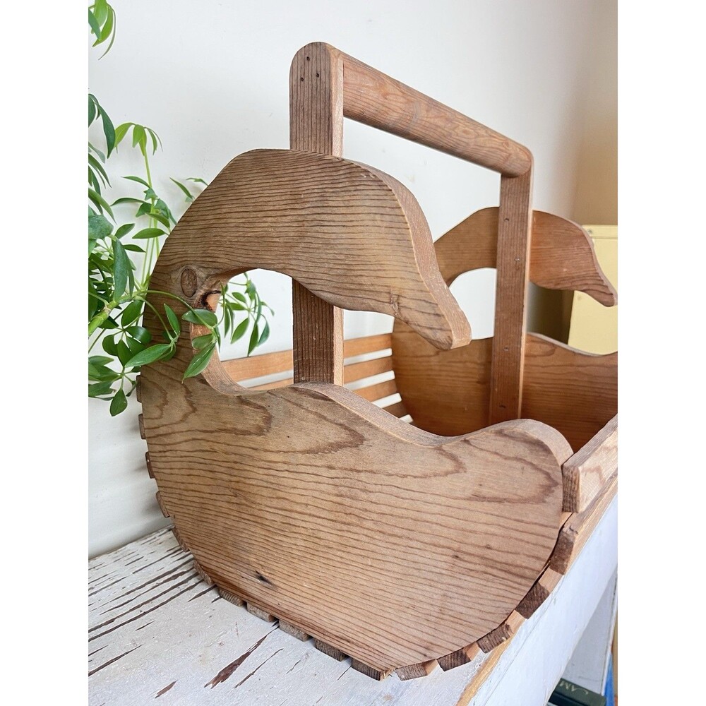 Vintage Solid Wood Slatted Goose Magazine Blanket Basket W/ Handle Cottage Decor